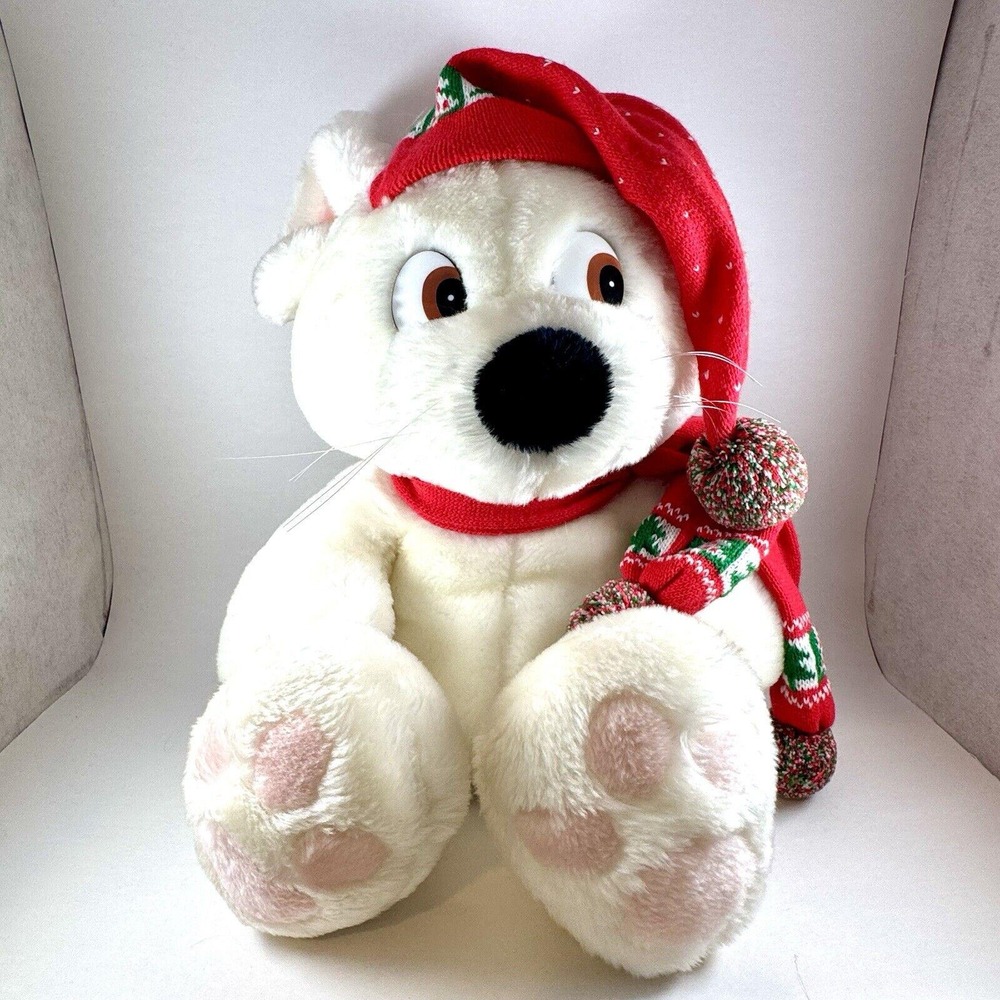 Vintage 1988 Commonwealth Toy White Polar Bear Plush Christmas Scarf Hat 12 Inch